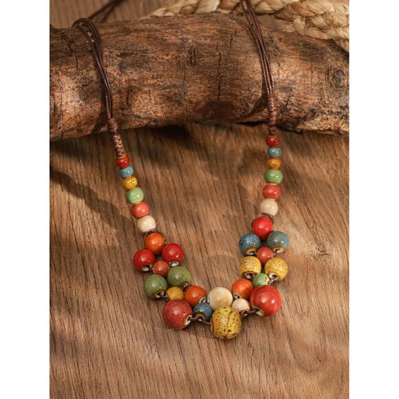 Hippie Boho Colorful Ceramic Round Beads Strand Necklace, Bohemian Fashion State - Picture 3 of 7